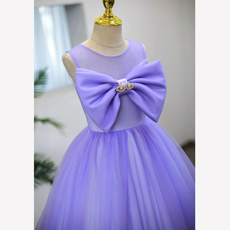Purple Tulle A-Line Flower Girl Dress Bow Pleated Floor