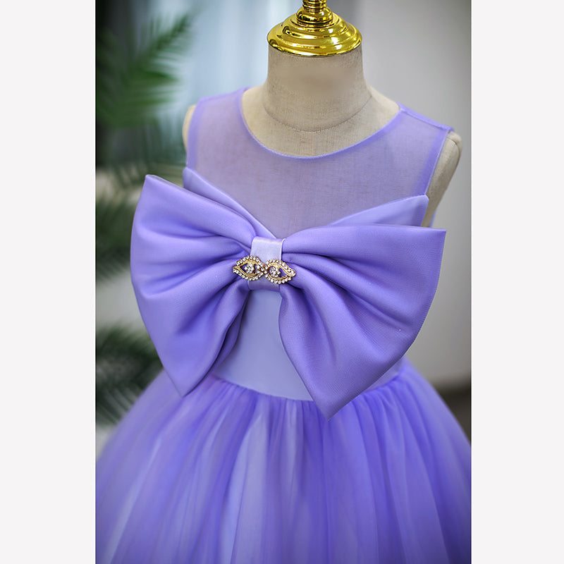 Purple Tulle A-Line Flower Girl Dress Bow Pleated Floor