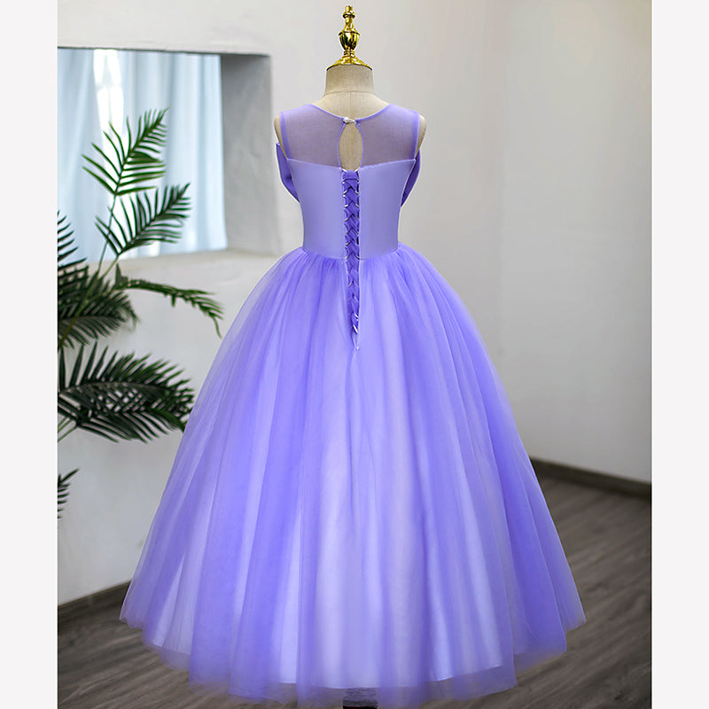Purple Tulle A-Line Flower Girl Dress Bow Pleated Floor