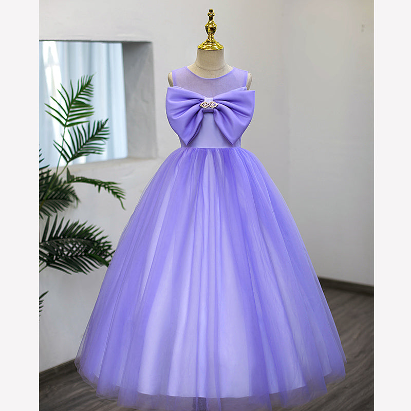 Purple Tulle A-Line Flower Girl Dress Bow Pleated Floor