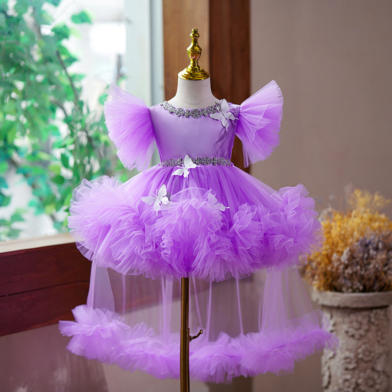 Purple Princess Tea Length Tulle Dress for Girls with Flowers & Bows
