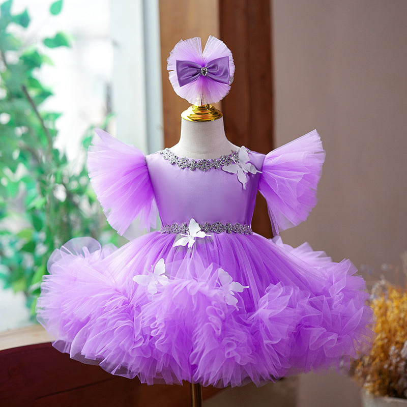 Purple Princess Tea Length Tulle Dress for Girls with Flowers & Bows