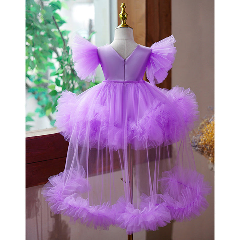 Purple Princess Tea Length Tulle Dress for Girls with Flowers & Bows