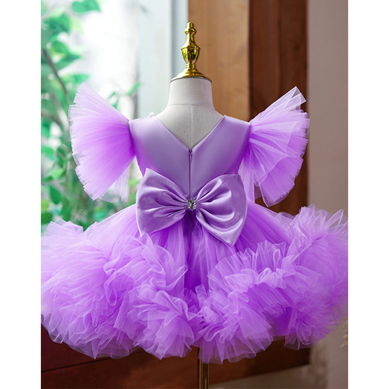 Purple Princess Tea Length Tulle Dress for Girls with Flowers & Bows
