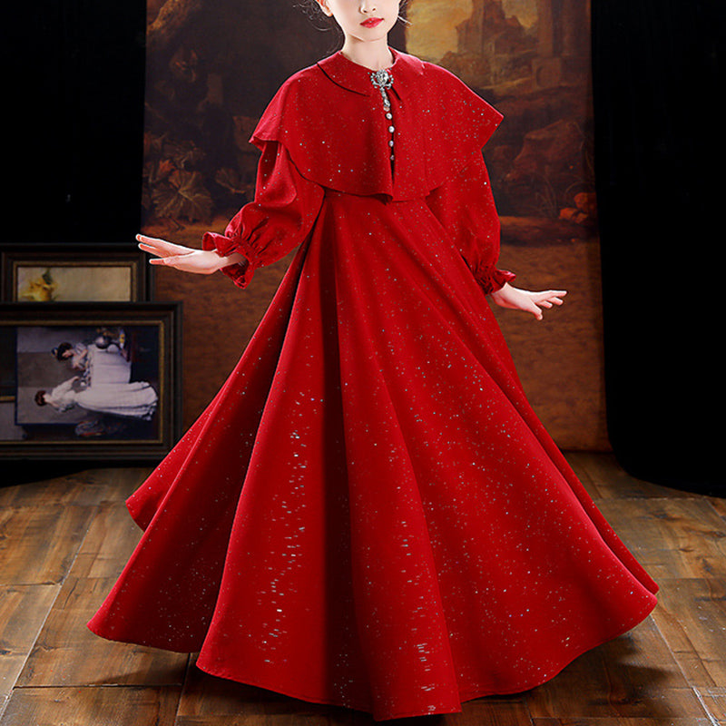 Red A-Line Flower Girl Dress: Collared Neck Long Sleeve