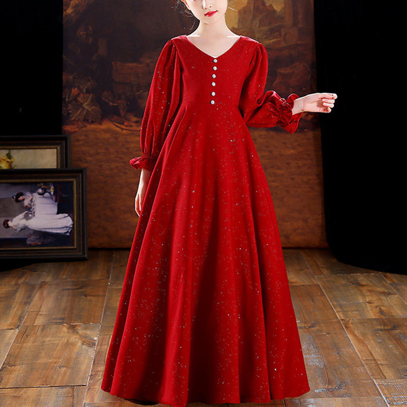 Red A-Line Flower Girl Dress: Collared Neck Long Sleeve