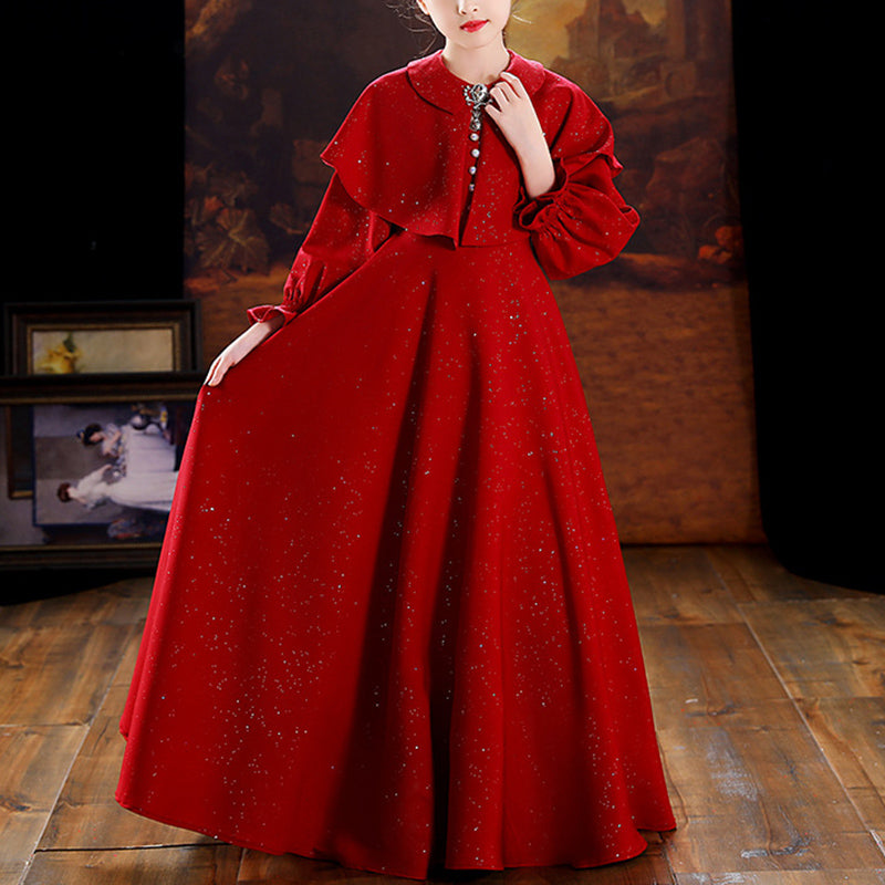 Red A-Line Flower Girl Dress: Collared Neck Long Sleeve