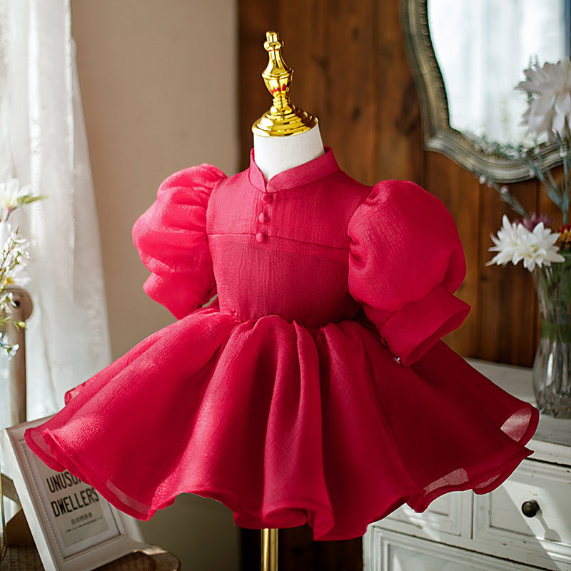 Red A-Line Knee-Length Flower Girl Dress with Bow & Puff Sleeves
