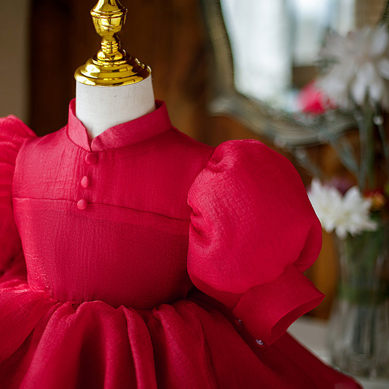 Red A-Line Knee-Length Flower Girl Dress with Bow & Puff Sleeves