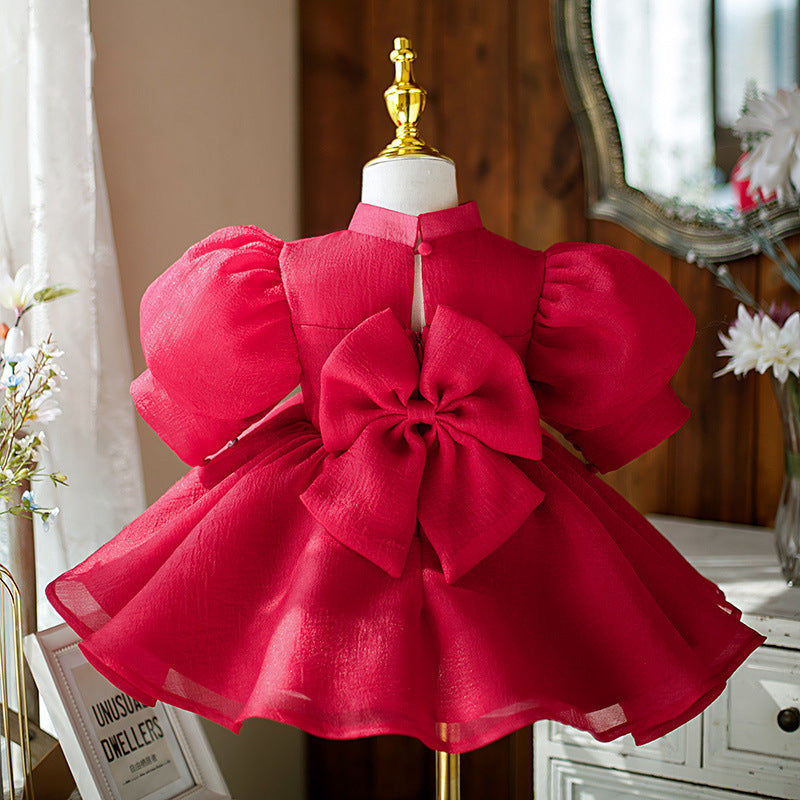 Red A-Line Knee-Length Flower Girl Dress with Bow & Puff Sleeves