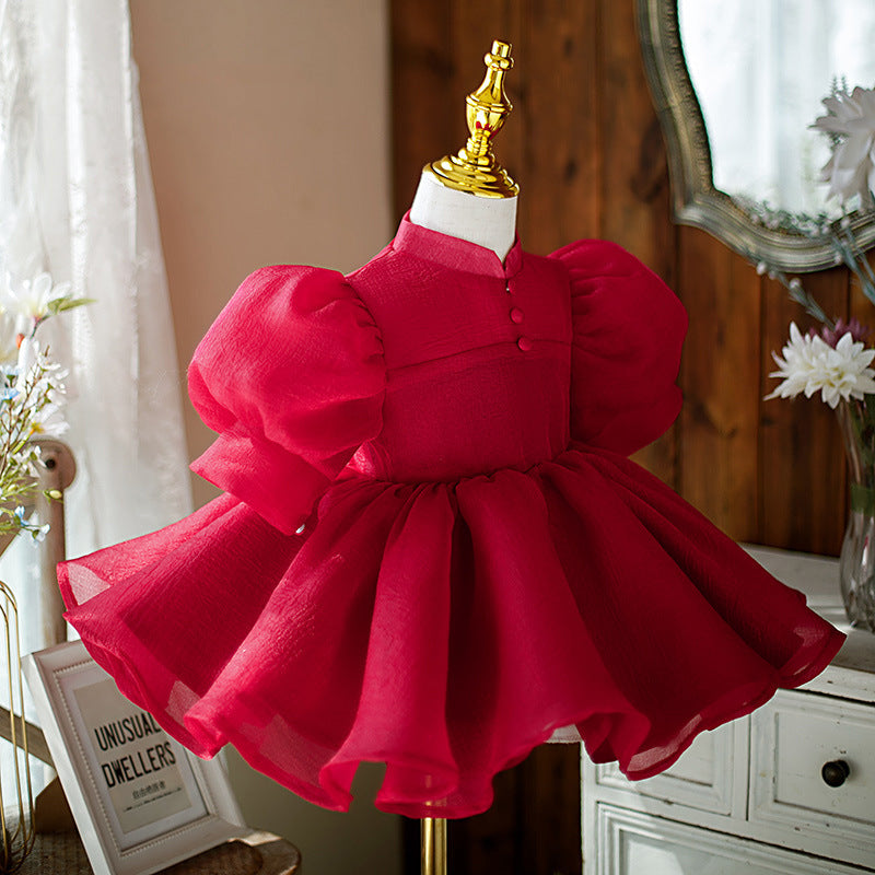 Red A-Line Knee-Length Flower Girl Dress with Bow & Puff Sleeves