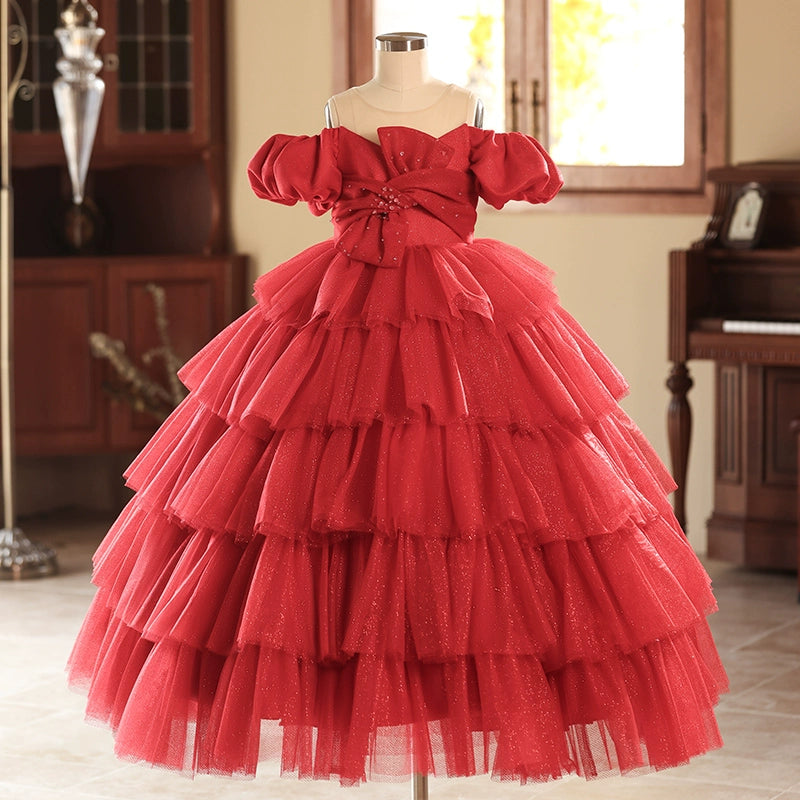 Robe de princesse rouge trapèze à volants perlés pour fille