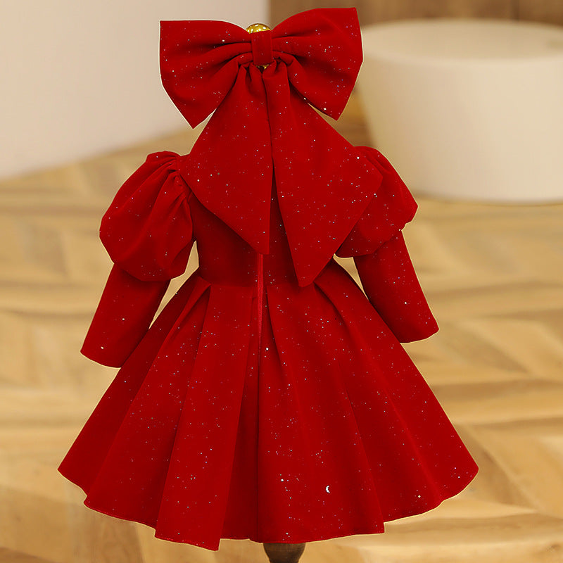 Red A-Line Tea Length Flower Girl Dress Sequin Puff Sleeve