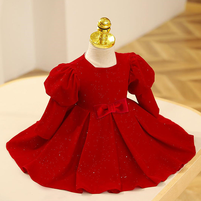 Red A-Line Tea Length Flower Girl Dress Sequin Puff Sleeve