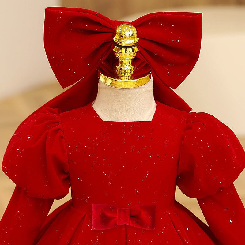 Red A-Line Tea Length Flower Girl Dress Sequin Puff Sleeve