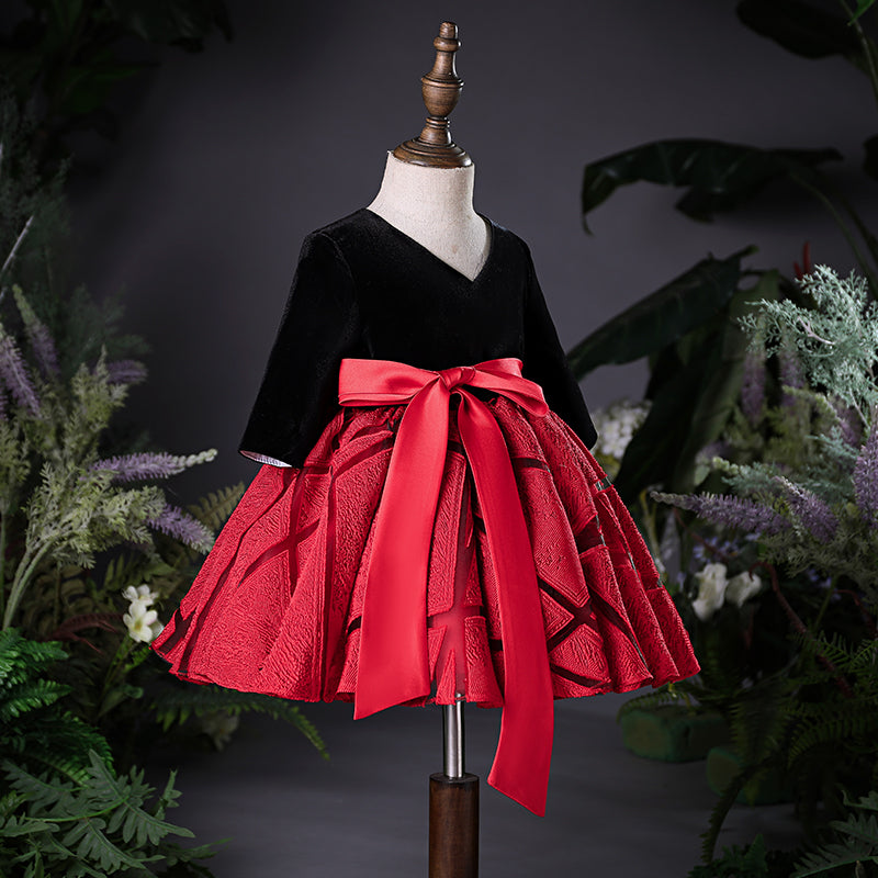 Red A-Line Tea-Length Flower Girl Dress with Satin Velvet Bow