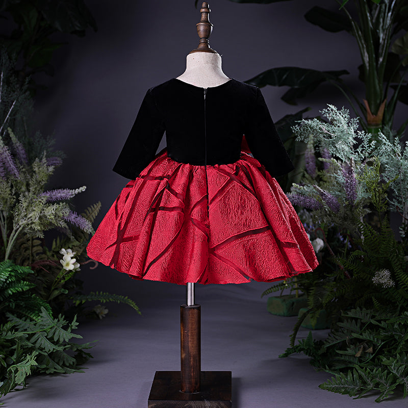 Red A-Line Tea-Length Flower Girl Dress with Satin Velvet Bow