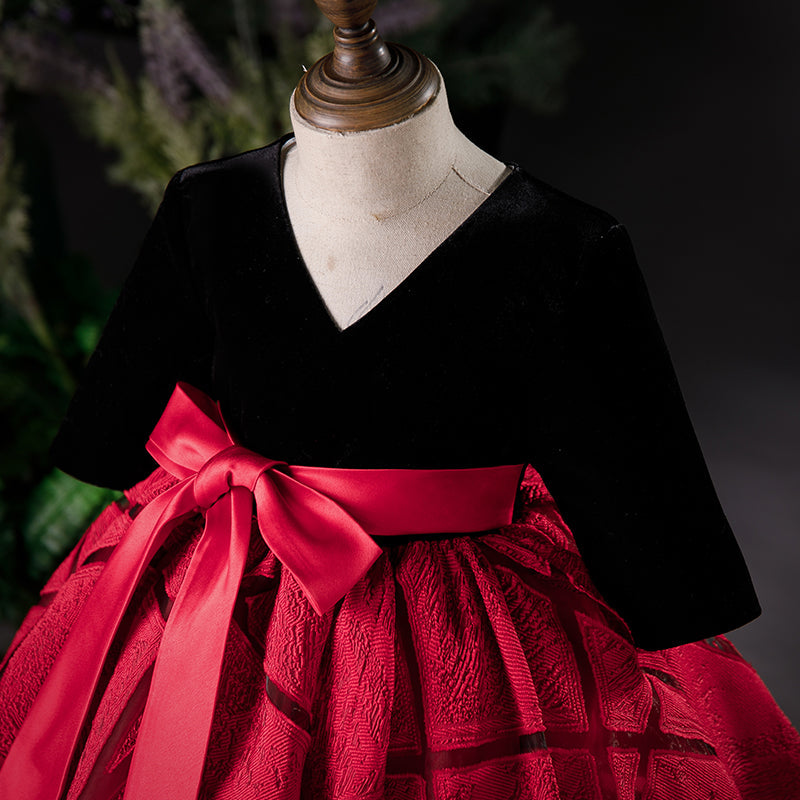 Red A-Line Tea-Length Flower Girl Dress with Satin Velvet Bow