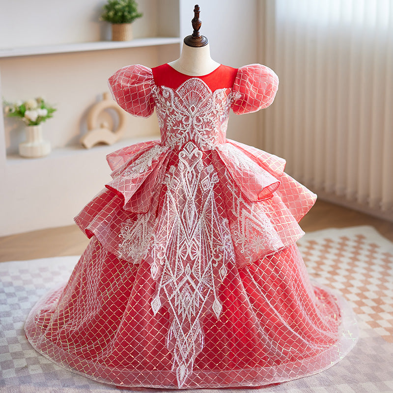 Red Ball Gown Puffy Girls Dress with Sequins & Applique | Floor-Length Princess Dress