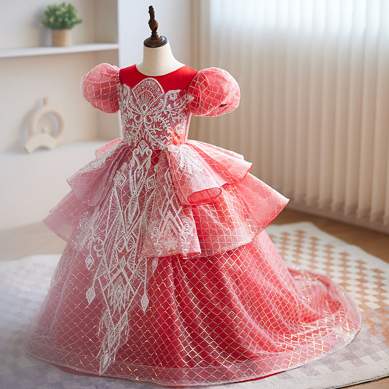 Red Ball Gown Puffy Girls Dress with Sequins & Applique | Floor-Length Princess Dress