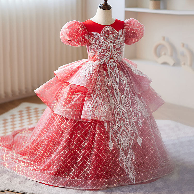 Red Ball Gown Puffy Girls Dress with Sequins & Applique | Floor-Length Princess Dress