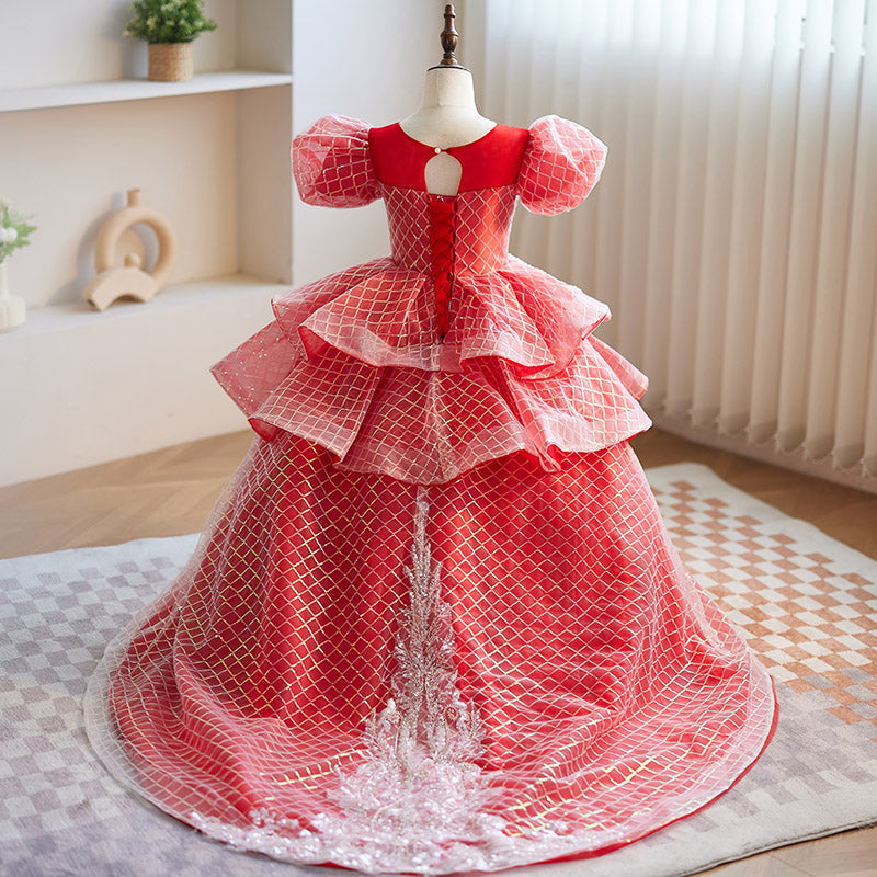 Red Ball Gown Puffy Girls Dress with Sequins & Applique | Floor-Length Princess Dress