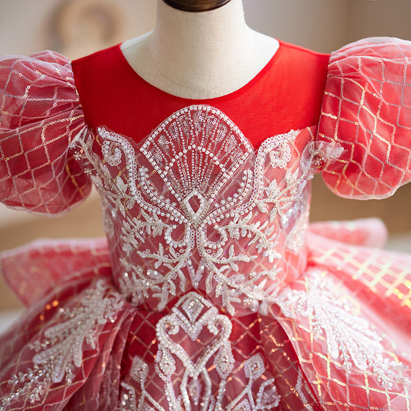 Red Ball Gown Puffy Girls Dress with Sequins & Applique | Floor-Length Princess Dress