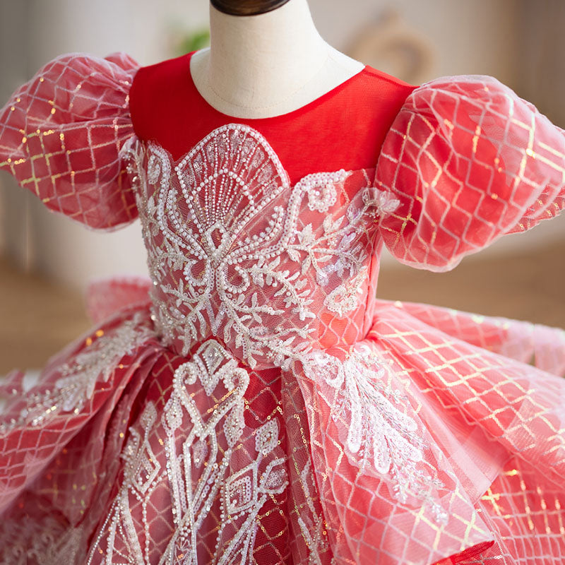 Red Ball Gown Puffy Girls Dress with Sequins & Applique | Floor-Length Princess Dress