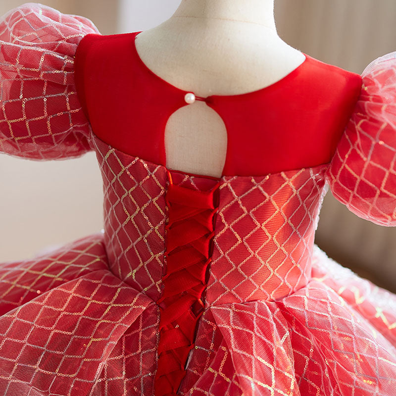 Red Ball Gown Puffy Girls Dress with Sequins & Applique | Floor-Length Princess Dress