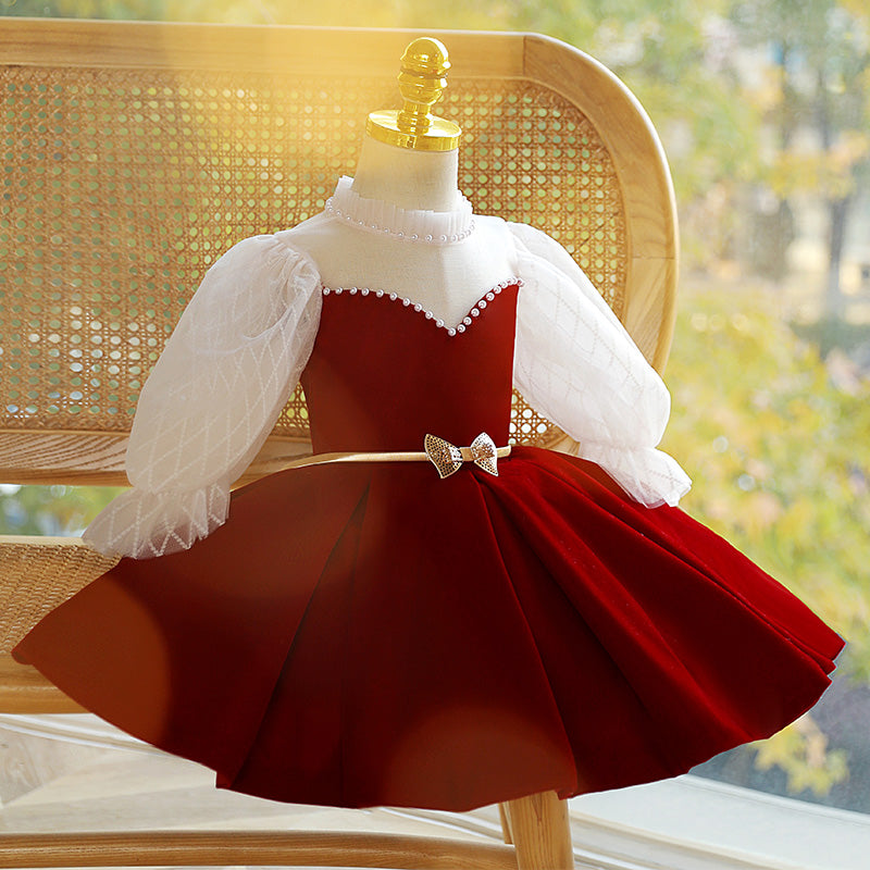 Red Princess Satin Dress with Beads & Long Sleeves for Girls | Holiday Party Flower Girl Dress