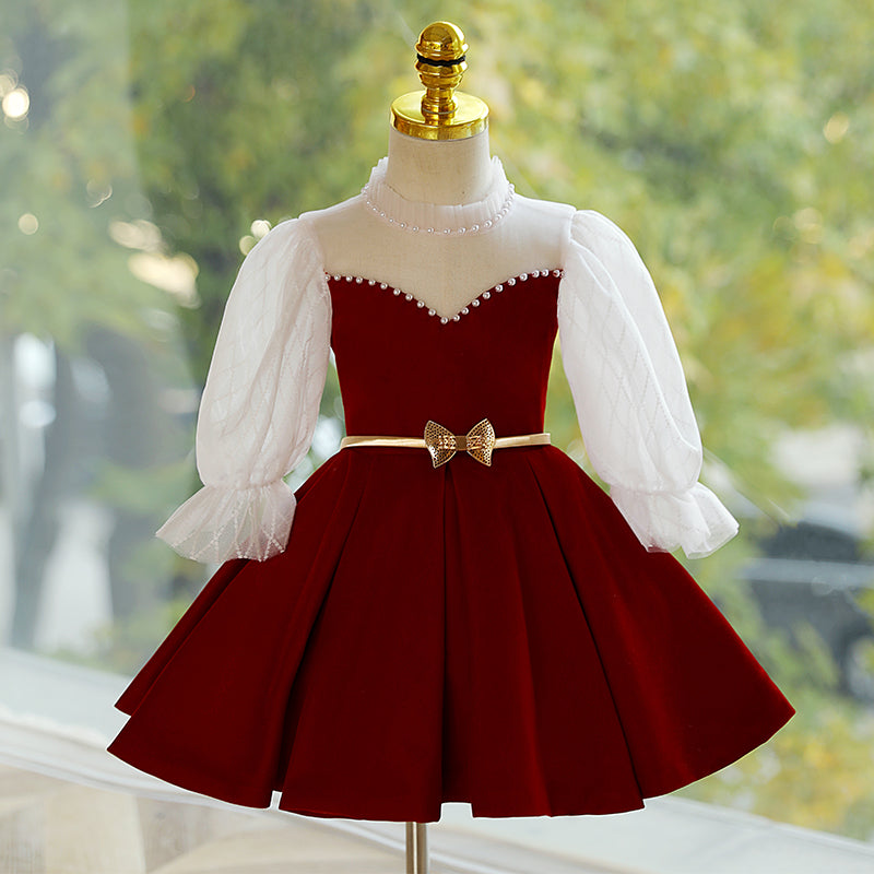 Red Princess Satin Dress with Beads & Long Sleeves for Girls | Holiday Party Flower Girl Dress