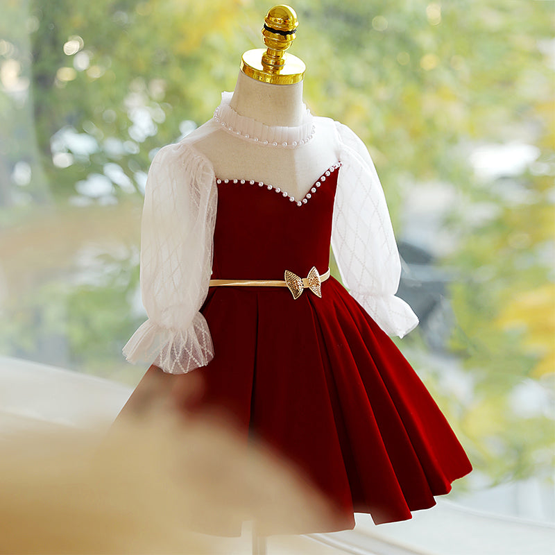 Red Princess Satin Dress with Beads & Long Sleeves for Girls | Holiday Party Flower Girl Dress