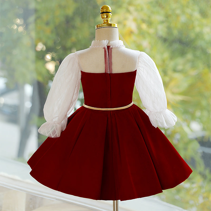 Red Princess Satin Dress with Beads & Long Sleeves for Girls | Holiday Party Flower Girl Dress