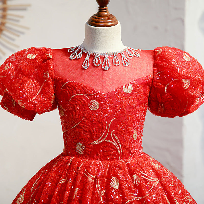 Red Lace A-Line Flower Girl Dress Short Puff Sleeve Bow Floor
