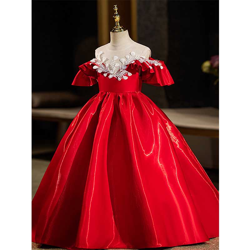 Red Organza A-Line Flower Girl Dress with Lace & Cold Shoulder