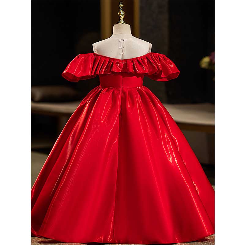 Red Organza A-Line Flower Girl Dress with Lace & Cold Shoulder