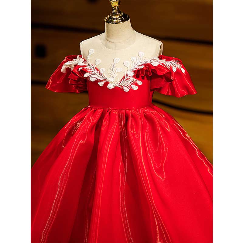 Red Organza A-Line Flower Girl Dress with Lace & Cold Shoulder
