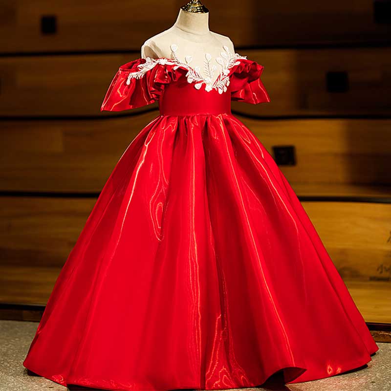 Red Organza A-Line Flower Girl Dress with Lace & Cold Shoulder