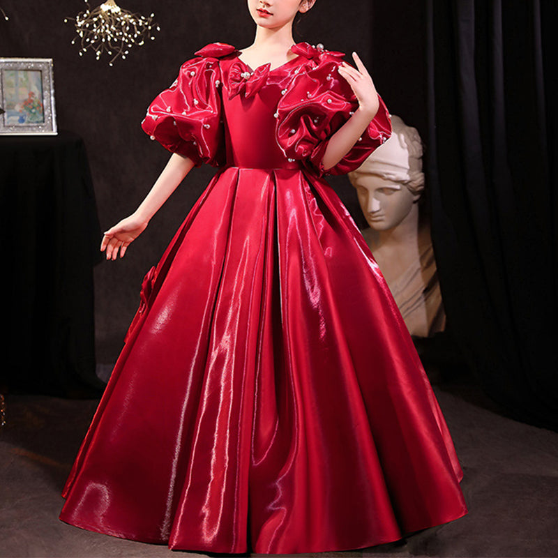 Red Organza A-Line Flower Girl Dress with Puff Sleeves