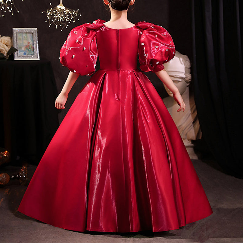 Red Organza A-Line Flower Girl Dress with Puff Sleeves