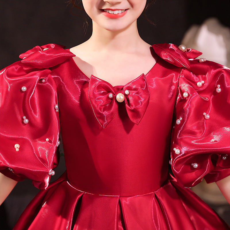 Red Organza A-Line Flower Girl Dress with Puff Sleeves