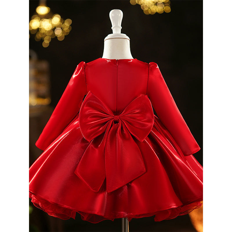Red Organza Ball Gown Dress for Girls with Bow – Christmas & Birthday Special