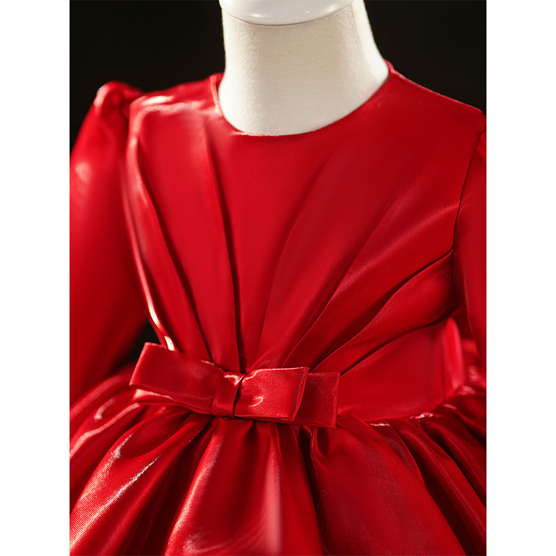 Red Organza Ball Gown Dress for Girls with Bow – Christmas & Birthday Special