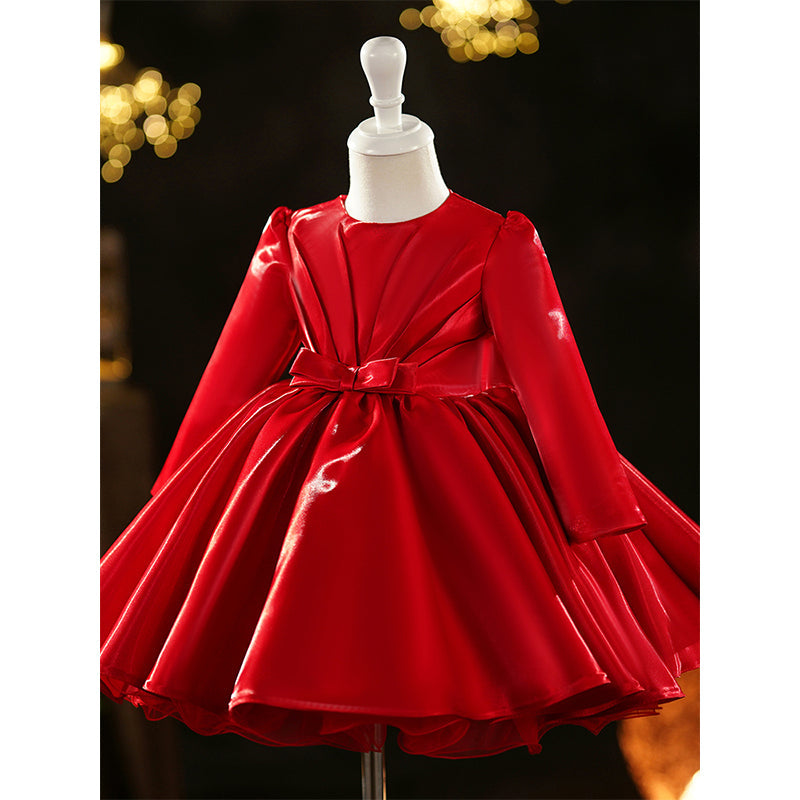 Red Organza Ball Gown Dress for Girls with Bow – Christmas & Birthday Special