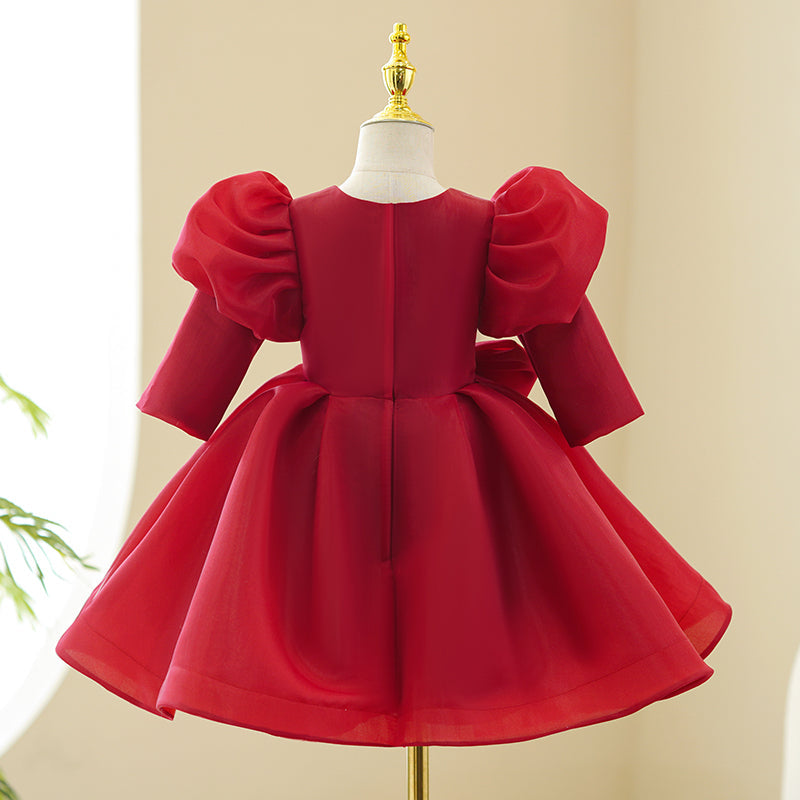 Red Organza Princess Flower Girl Dress Square Neck Bow