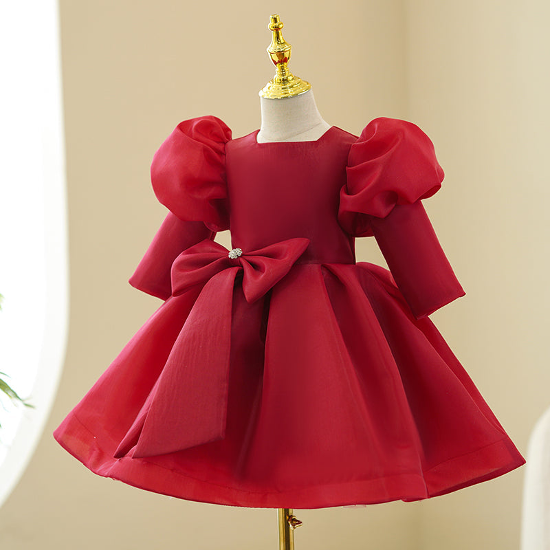 Red Organza Princess Flower Girl Dress Square Neck Bow