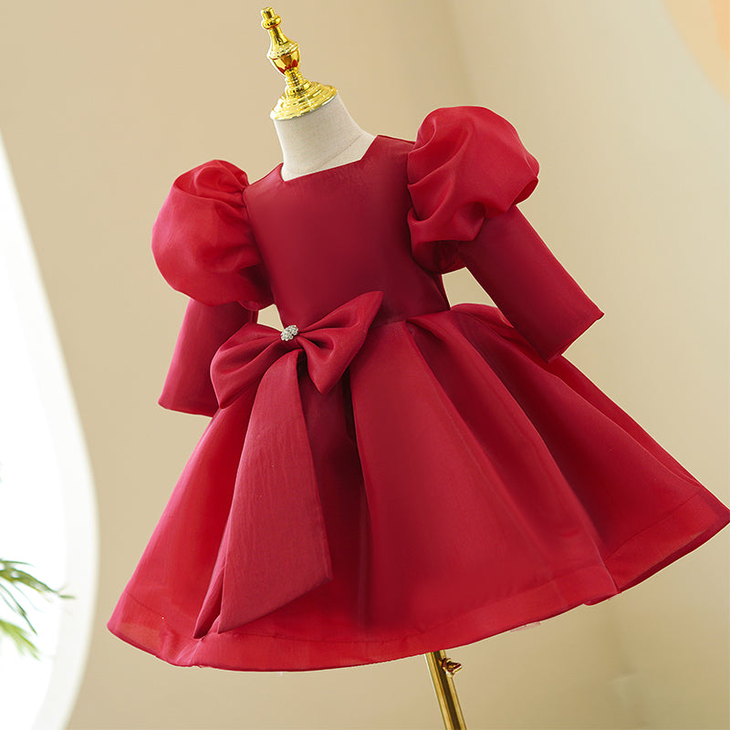 Red Organza Princess Flower Girl Dress Square Neck Bow