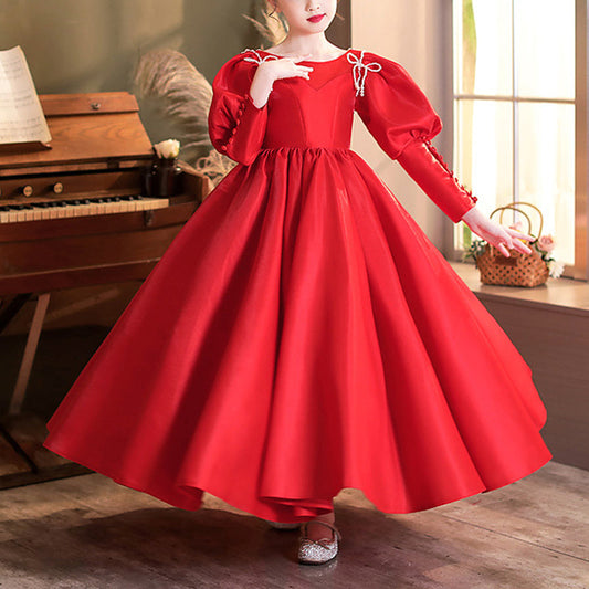 Red Princess Flower Girl Dress: Boat Neck Lantern Sleeve