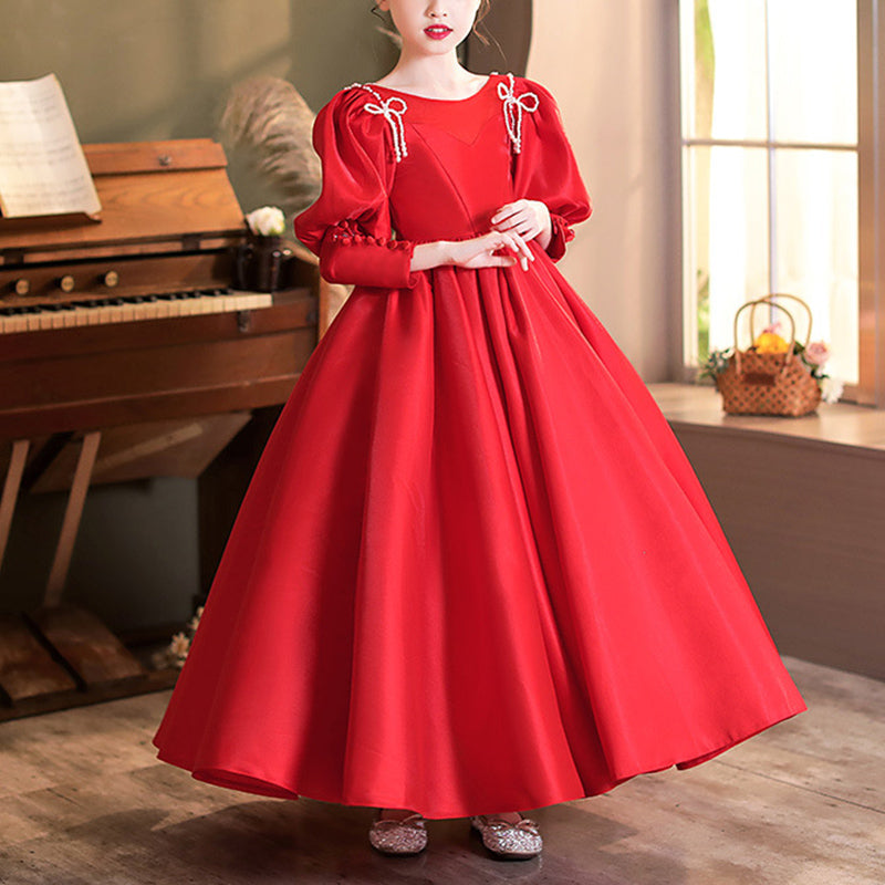 Red Princess Flower Girl Dress: Boat Neck Lantern Sleeve