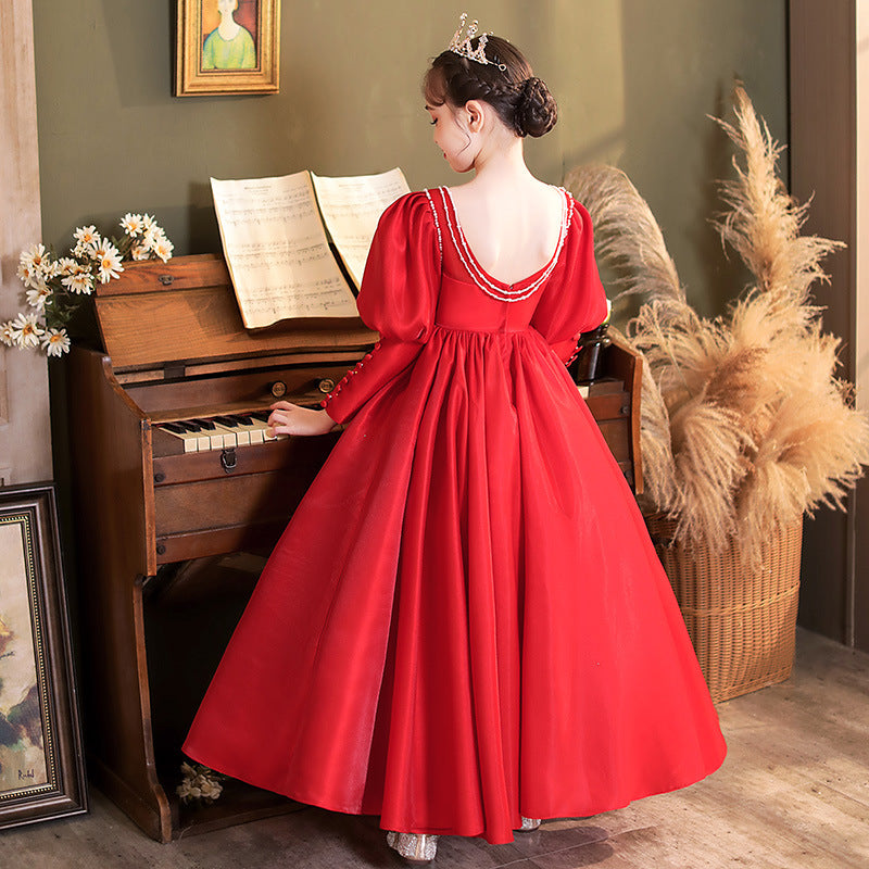 Red Princess Flower Girl Dress: Boat Neck Lantern Sleeve